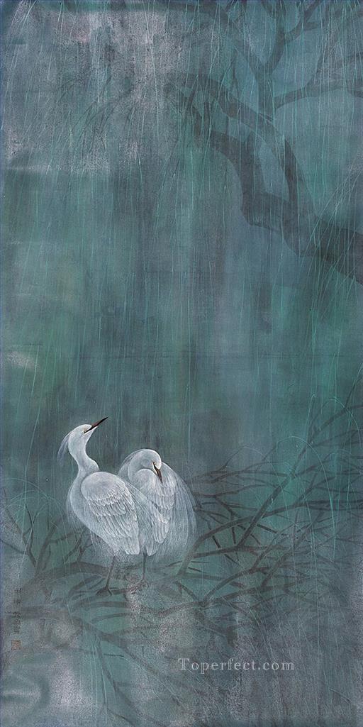 Egret in rain old Chinese Oil Paintings